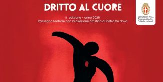 Cover della rassegna "Dritto al cuore". In alto a destra il logo del Comune di Pavia. Al centro sagoma umana in nero da cui spicca cuore in rosso.