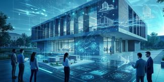Rappresentazione concettuale della progettazione architettonica digitale: un gruppo di professionisti osserva e interagisce con modelli tridimensionali, grafici e interfacce olografiche e di intelligenza artificiale proiettate davanti a un moderno edificio universitario.