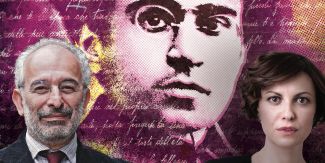 Immagine dalla locandina dello spettacolo "Il sogno di Gramsci" con le foto di Gad Lerner e Silvia Truzzi, sullo sfondo al centro fotografia del volto di Gramsci