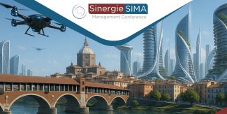 Immagine creata con l'IA in occasione della SIMA Conference, raffigurante veduta di Pavia con Ponte Coperto e Duomo e sullo sfondo palazzi avveniristici e droni