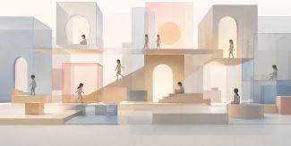 Un'illustrazione digitale concettuale in stile minimalista che mostra diversi bambini all'interno di una struttura geometrica e astratta. L'architettura è composta da cubi, archi, scale e pareti trasparenti in delicate tonalità pastello (azzurro, rosa, ocra e beige). Alcuni bambini camminano lungo passaggi sospesi, altri siedono o leggono all'interno delle forme geometriche, evocando un'atmosfera di esplorazione, crescita e interazione armonica.