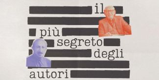 Grafica in stile collage per il festival Archivissima. Su uno sfondo chiaro con righe nere orizzontali che ricordano un testo censurato, compare la scritta "il più segreto degli autori". L'immagine include due ritratti fotografici ritagliati: in alto a destra l'intellettuale italo-americano e critico letterario Paolo Milano (colorato in rosso), e in basso a sinistra l'editore e scrittore Enrico Terracini (colorato in viola).