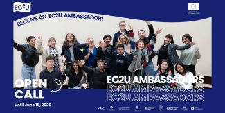 Copertina della Call per gli EC2U Ambassador con fotografia di gruppo di studentesse e studenti che rivestono il ruolo di Ambassador EC2U.
