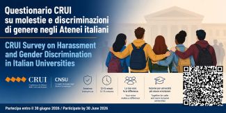 Cover del "Questionario CRUI su molestie e discriminazioni di genere negli Atenei italiani". Disegno di cinque studenti di spalle, abbracciati, che guardano verso un edificio universitario. Sono presenti i loghi di CRUI e CNSU. Quattro icone indicano che il test è anonimo, dura 12-15 minuti e invita alla partecipazione per università più sicure. In basso è riportata la scadenza: 30 giugno 2026. Un codice QR in basso a destra rimanda al sondaggio.