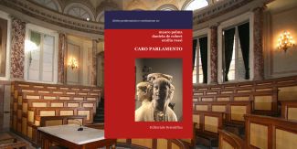 Copertina libro "Caro Parlamento", sullo sfondo l'Aula Volta dell'Università di Pavia