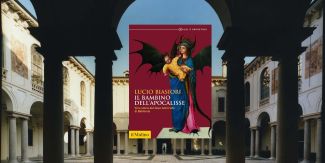 Copertina del libro "Il bambino dell'Apocalisse", sullo sfondo chiostro interno del Collegio Ghislieri