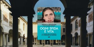 Copertina libro "Ogni sfida è vita", sullo sfondo chiostro interno del Collegio Ghislieri