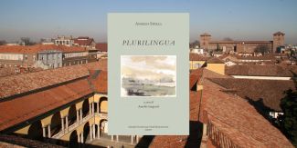 Copertina del libro "Plurilingua", sullo sfondo la sede centrale UniPv vista dall'alto