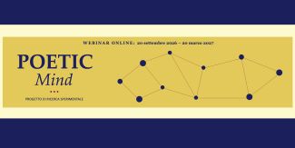 Banner del progetto di ricerca sperimentale "POETIC Mind" per una serie di webinar online che si terranno dal 20 settembre 2026 al 20 marzo 2027. L'immagine presenta uno sfondo giallo con una grafica stilizzata di una costellazione o rete neurale e testo in blu scuro.