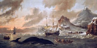 Dipinto "Cacciatori di balene olandesi vicino a Spitsbergen" di Abraham Storck (ca. 1690)