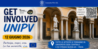 Banner illustrativo dell'evento "Get Involved UNIPV" del 12 giugno 2026, organizzato nell'ambito del "The Festival of the New European Bauhaus". Sullo sfondo, il cortile delle Statue dell'Università di Pavia. In alto a destra è presente un QR code per il programma.
