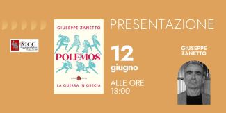 Copertina della presentazione del libro "Polemos. La guerra in Grecia" con copertina del libro e foto dell'autore. A sinistra il logo dell'Associazione Italiana di Cultura Classica.