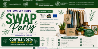 Copertina evento "Swap party" con le informazioni principali sulla partecipazione accompagnate da un'immagine di vestiti appesi a una cella