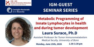 Copertina seminario "Metabolic Programming of Innate Lymphocytes in health and during tumor development" con principali dettagli dell'evento e foto di Laura Surace in un tondo