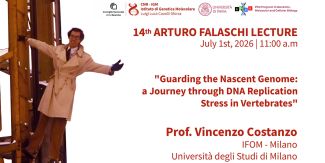 Copertina della "Arturo Falaschi Lecture" con principali informazioni e fotografia di Arturo Falaschi sulla sinistra