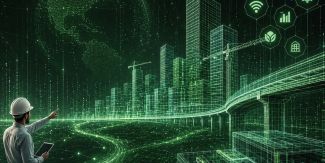 Un ingegnere o architetto con casco protettivo e tablet osserva un modello tridimensionale digitale e futuristico di una smart city, rappresentato con linee e grafiche luminose di colore verde. Sullo sfondo si notano grattacieli in costruzione, infrastrutture stradali, un grande mappamondo digitale e icone tecnologiche legate a sostenibilità, connessione e monitoraggio dati.