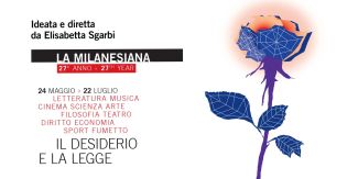 Copertina ufficiale del festival "La Milanesiana" (27° anno), ideata e diretta da Elisabetta Sgarbi, in programma dal 24 maggio al 22 luglio. Sulla sinistra compare il testo con i temi della rassegna e il titolo dell'edizione: "Il desiderio e la legge". Sulla destra è presente l'illustrazione di una rosa stilizzata blu e viola su sfondo bianco, con petali geometrici che ricordano una ragnatela e una sfumatura luminosa arancione sulla sommità.