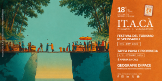Cover per la Call della Tappa di Pavia e provincia nell'ambito del 18° Festival del Turismo Responsabile "IT.A.CÀ", intitolato "GEOGRAFIE DI PACE", che mostra persone che si incontrano su un ponte che unisce due metà del mappamondo, collegando comunità e culture. A destra, un pannello arancione contiene il testo principale: "18^ Edizione Nazionale", "FESTIVAL DEL TURISMO RESPONSABILE", "GIU-OTT 2026", "GEOGRAFIE DI PACE", "www.festivalitaca.net", e i loghi.