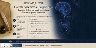Copertina della giornata di studi "Dal manoscritto all'algoritmo", che si terrà il 2 luglio 2026 a Roma presso l'Istituto italiano per la Storia antica per discutere l'esegesi delle fonti storiche nell'era dell'IA a partire da un libro sulla Politica di Aristotele.