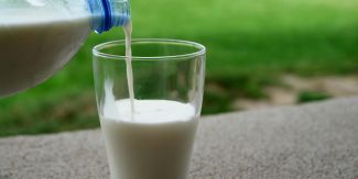 Dettaglio di una bottiglia di latte che riempie bicchiere posto su muretto accanto a giardino