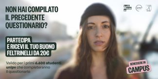 Cover promozionale "Benessere in Campus" per studenti unipv con una giovane donna sullo sfondo. Il testo principale recita: "Non hai compilato il precedente questionario? Partecipa e ricevi il tuo buono Feltrinelli da 20€". L'offerta è valida per i primi 6.600 studenti che completano il questionario. Include i loghi di Health Mode On, MUR e Pro-Ben.