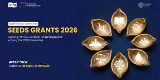 Copertina informativa sui Seed Grants 2026 dell'iniziativa EC2U Virtual Institutes. Promuove finanziamenti per nuovi progetti di ricerca europei con le università partner. Indica le scadenze del 30 settembre e 30 novembre 2026 e include una grafica con simboli di vari settori di ricerca.