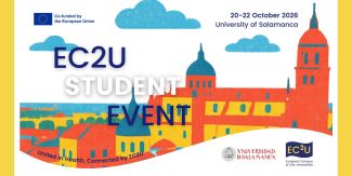 Copertina dell'EC2U Student Event, 20-22 ottobre 2026 all'Università di Salamanca. Illustrazione colorata dello skyline della città. Loghi UE e EC2U visibili.
