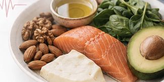 Alimenti presenti nella dieta chetogenica: frutta secca, salmone, olio d'oliva, avocado, formaggio