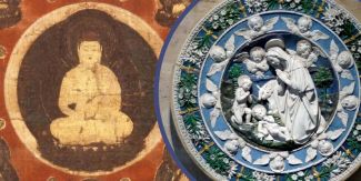 Dettaglio del Mandala del Cratere della Matrice e Tondo dell'Adorazione del Bambino (bottega dei Della Robbia)