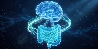 Cervello e intestino blu brillante che rappresentano la connessione dell'asse intestino-cervello e il microbiota umano.