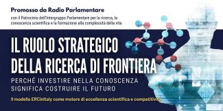 Cover dell'evento "Il ruolo strategico della ricerca di frontiera" sul modello ERCinItaly, promosso da Radio Parlamentare; a destra una figura umana digitale e una molecola stilizzata.