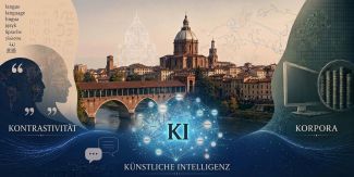 Vista panoramica di Pavia e del Ponte Coperto, affiancata da simboli della linguistica e da una rete nodale con la scritta "KI - KÜNSTLICHE INTELLIGENZ".