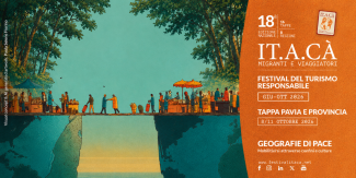 Cover per la Call della Tappa di Pavia e provincia nell'ambito del 18° Festival del Turismo Responsabile "IT.A.CÀ", intitolato "GEOGRAFIE DI PACE", che mostra persone che si incontrano su un ponte che unisce due metà del mappamondo, collegando comunità e culture. A destra, un pannello arancione contiene il testo principale: "18^ Edizione Nazionale", "FESTIVAL DEL TURISMO RESPONSABILE", "GIU-OTT 2026", "GEOGRAFIE DI PACE", "www.festivalitaca.net", e i loghi.