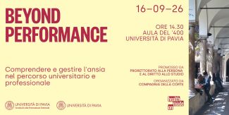 Cover incontro "Beyond Performance" con i dettagli dell'evento. A destra foto del Cortile delle Magnolie con studenti e studentesse