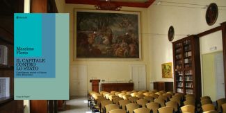 Copertina del libro "Il Capitale contro lo Stato", sullo sfondo l'Aula Magna del Collegio F.lli Cairoli