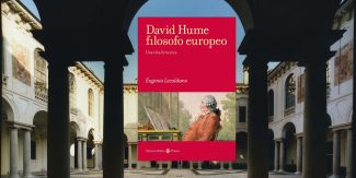 Copertina del libro "David Hume filosofo europeo", sullo sfondo chiostro del Collegio Ghislieri