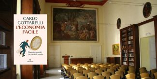 Copertina del libro "L'economia facile", sullo sfondo l'Aula Magna del Collegio F.lli Cairoli