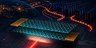 Rappresentazione concettuale di un dispositivo a superconduttività basato su grafene a due strati, che collega i dati globali ai server quantistici in un'estesa rete digitale.