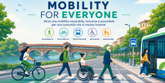 Cover evento "Mobility for Everyone": persone in bici, a piedi, su sedia a rotelle e ipovedenti attraversano una strada verso un autobus, sullo sfondo del Ponte Coperto di Pavia.