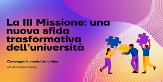 Cover evento "La III Missione: una nuova sfida trasformativa dell'università" con disegno di tre persone che tengono in mano un pezzo di puzzle ciascuna