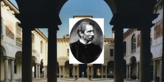 Ritratto fotografico di Giuseppe Zanardelli, sullo sfondo il Chiostro del Collegio Ghislieri