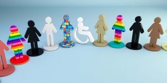 Illustrazione 3D di icone di persone diverse con simboli di orgoglio e disabilità per l'inclusione