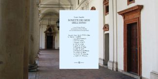 Copertina "Sonetti dei mesi dell'anno" sullo sfondo porticato interno del Collegio Borromeo
