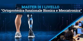 Cover Master in Ortoprotesica funzionale bionica e meccatronica 2026/2027 con dettaglio su arti inferiori di cui uno costituito da protesi e studenti al computer