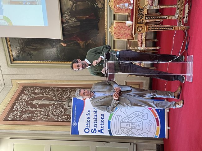 Il Sindaco Fabrizio Fracassi con il prof. Andrea Zatti durante la presentazione del Report di Sostenibilità UniPv 2023.