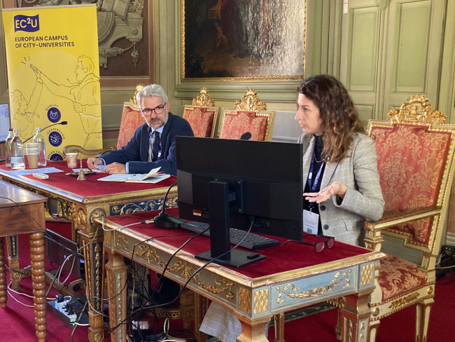 Prof. Morandotti and researcher Doria introducing the EC2U WP6 Board meeting