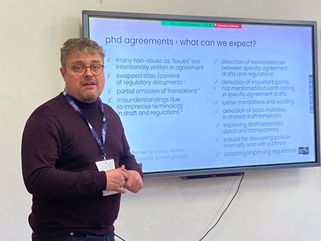 Alex ScwarzKopf explaining how the AI tool could be useful in managing PhD Agreements