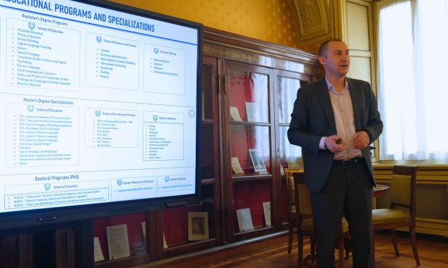 Akmal Rustamov, director of KIUT Science and Innovation Department, presenting KIUT University to Rector Alessandro Reali, Vice-Rector Matteo Alvaro and Delegates Marco Racchi and Marco Missaglia